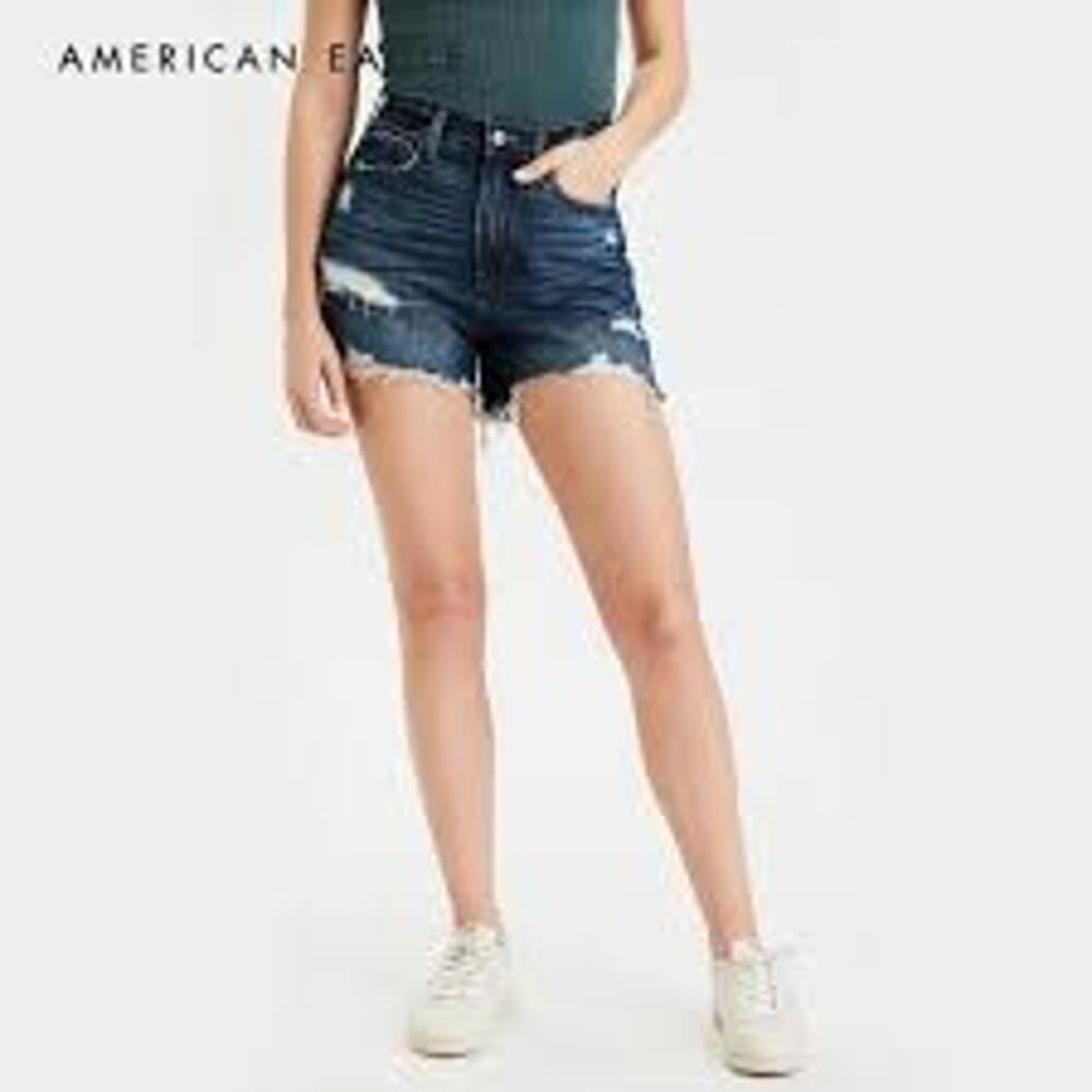 American Eagle Outfitters Dark Blue High-Rise Distressed Denim Shorts